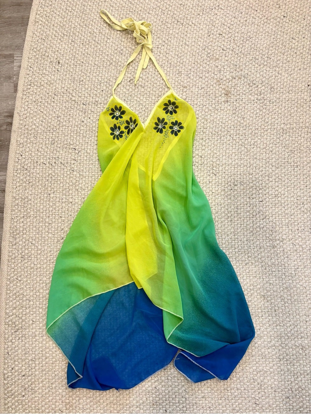 Vintage Beaded Gradient Halter One-Piece Sheer Cover-Up in Yellow Green